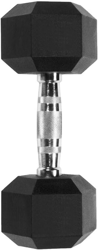 Rubber Encased Hex Dumbbell Weight, Solid Cast Iron Core, Chrome Knurled Handle, Anti-Roll Hex - Image 2