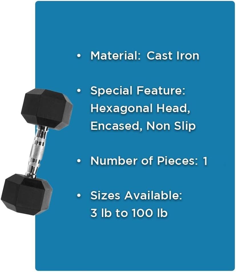 Rubber Encased Hex Dumbbell Weight, Solid Cast Iron Core, Chrome Knurled Handle, Anti-Roll Hex - Image 8