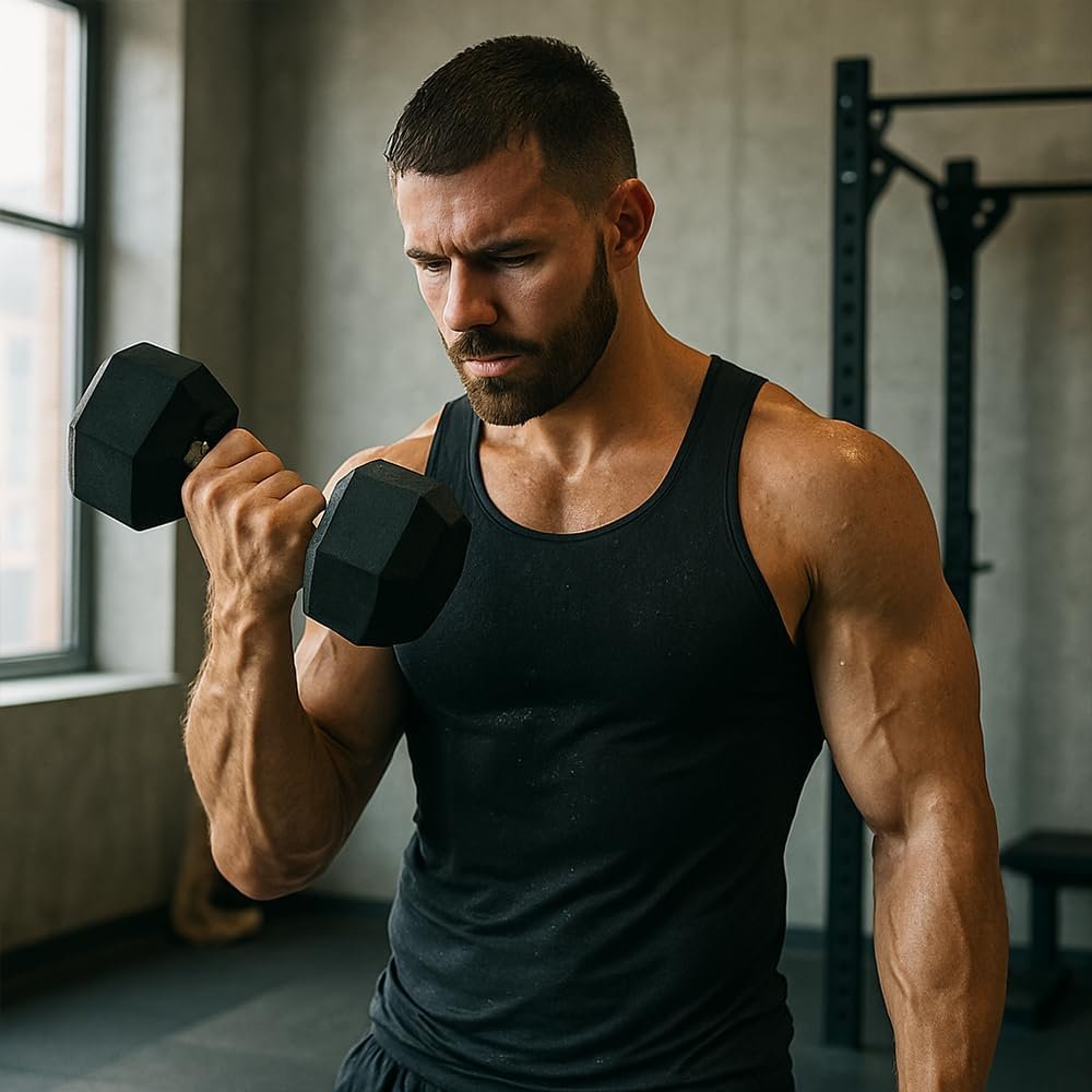 Rubber Encased Hex Dumbbell Weight, Solid Cast Iron Core, Chrome Knurled Handle, Anti-Roll Hex - Image 7