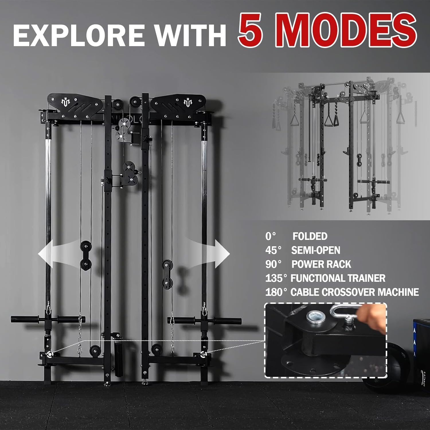 Mikolo Folding Squat Rack, Wall Mounted Power Rack with Cable Crossover Machine & LAT Pull Down, - Image 5