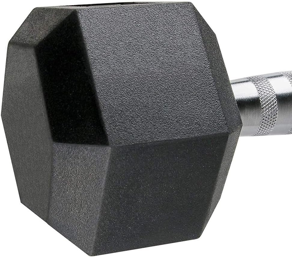 Rubber Encased Hex Dumbbell Weight, Solid Cast Iron Core, Chrome Knurled Handle, Anti-Roll Hex - Image 3