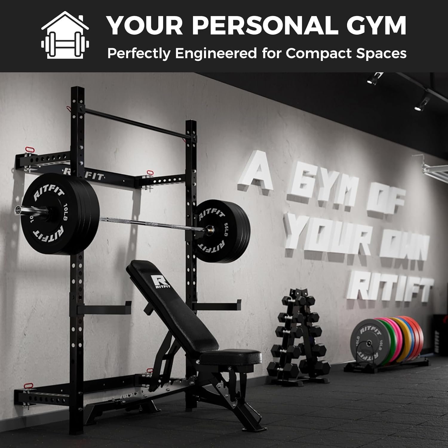 RitFit Multi-Functional Folding Squat Rack for Home Gym, 2.36'' x 2.36'' Wall Mounted Squat Rack - Image 3