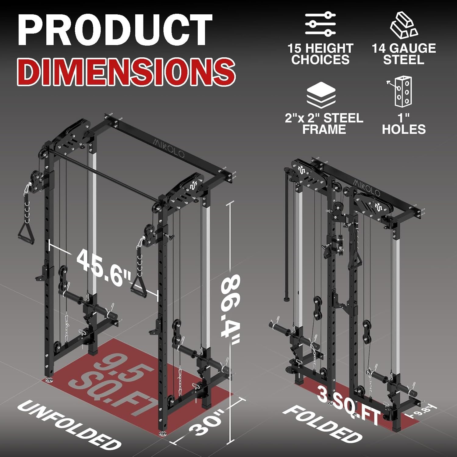 Mikolo Folding Squat Rack, Wall Mounted Power Rack with Cable Crossover Machine & LAT Pull Down, - Image 7