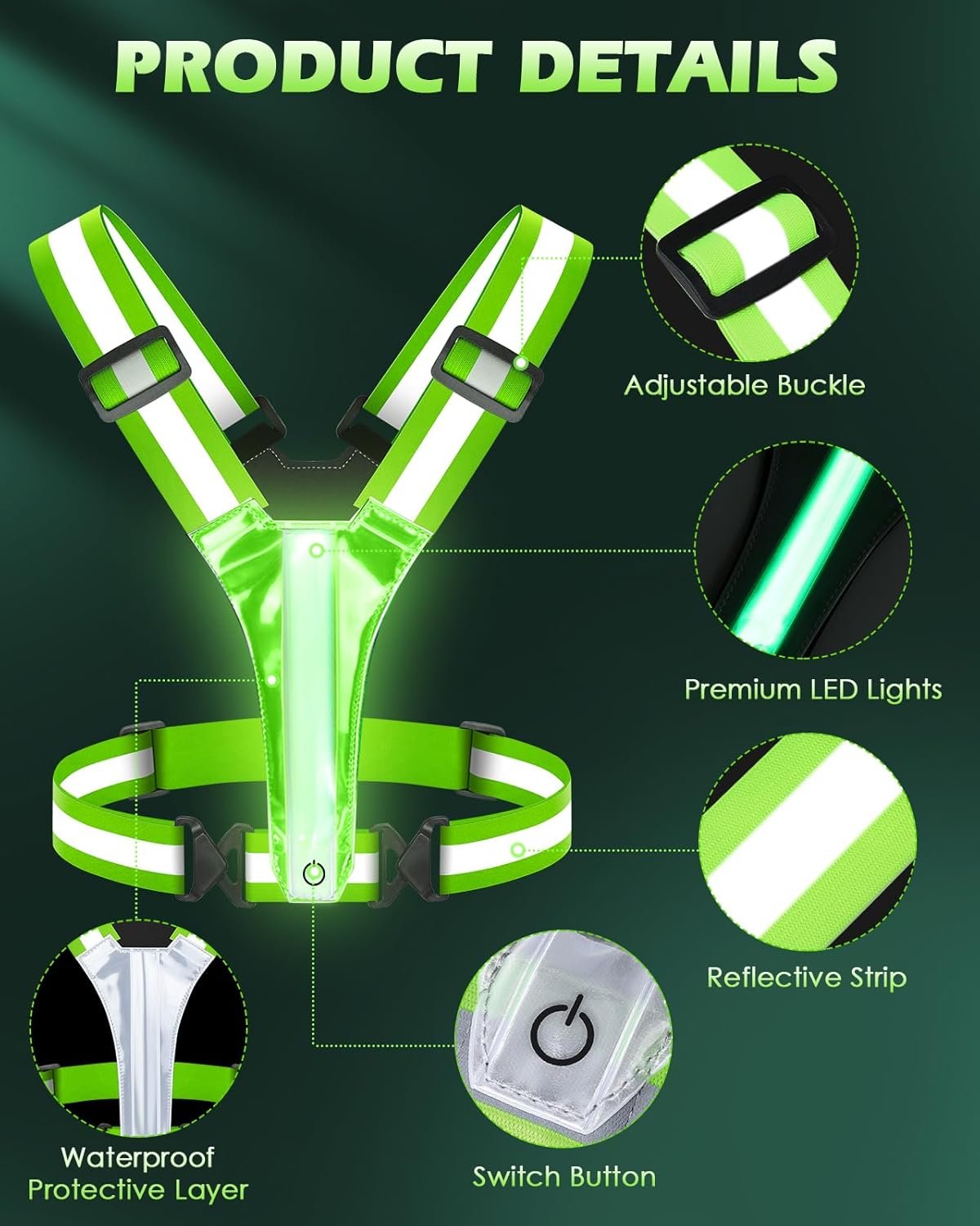 Zacro LED Reflective Vest Running Gear, 5 Lights Colors High Visibility Reflective Running Gear - Image 7