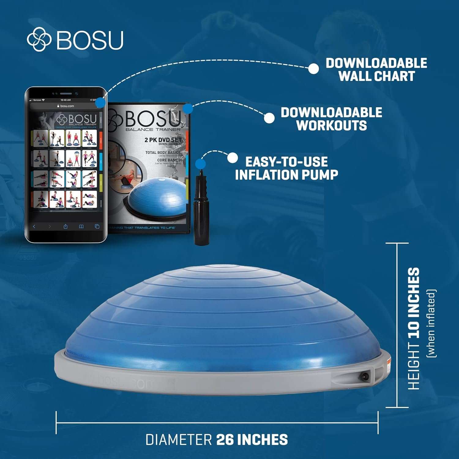 Bosu Pro Multi Functional Home Gym Full Body Balance Strength Trainer Ball Equipment with Guided - Image 3