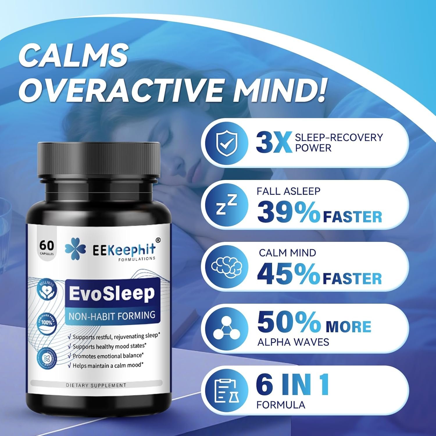 6 in 1 Melatonin-Free Sleep Aid Sleep Complex with Ashwagandha, GABA, L-Theanine & 5-HTP, VIT - Image 4