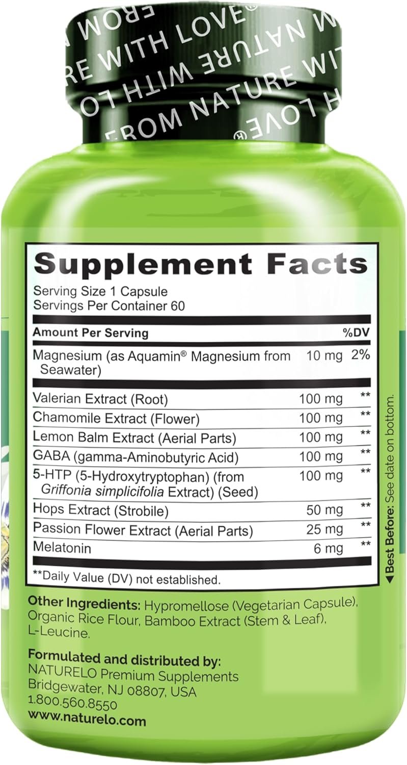 NATURELO Sleep Aid - with Melatonin, Magnesium, GABA, Valerian Root, Lemon Balm, Chamomile Herbal - Image 6