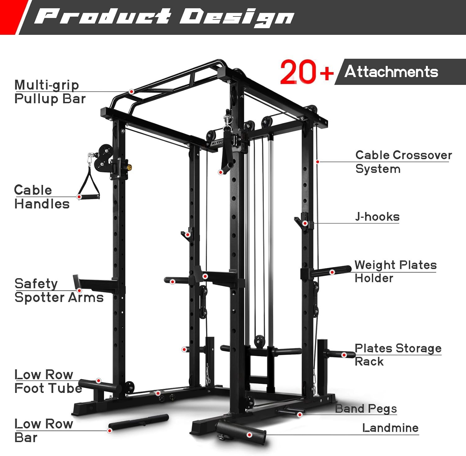 RitFit Power Cage with Optional LAT PullDown/Cable Crossover, 1000LB Squat Rack for Home & Garage - Image 5