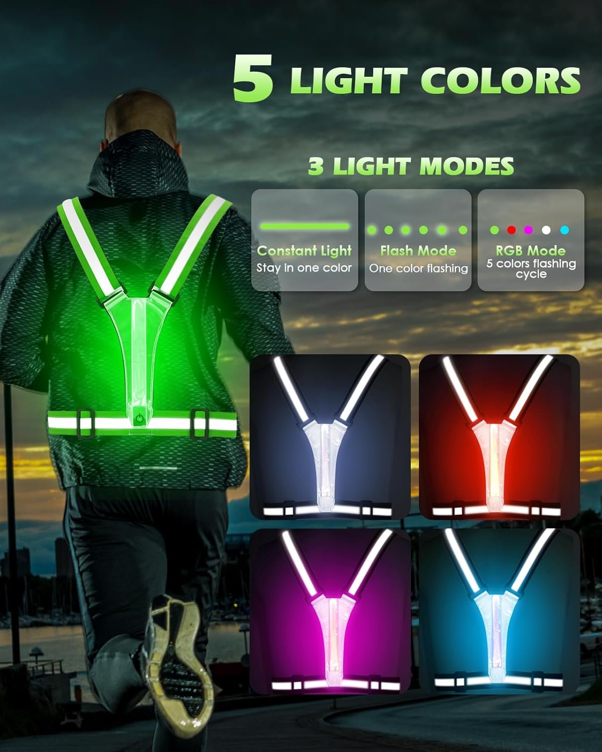 Zacro LED Reflective Vest Running Gear, 5 Lights Colors High Visibility Reflective Running Gear - Image 4