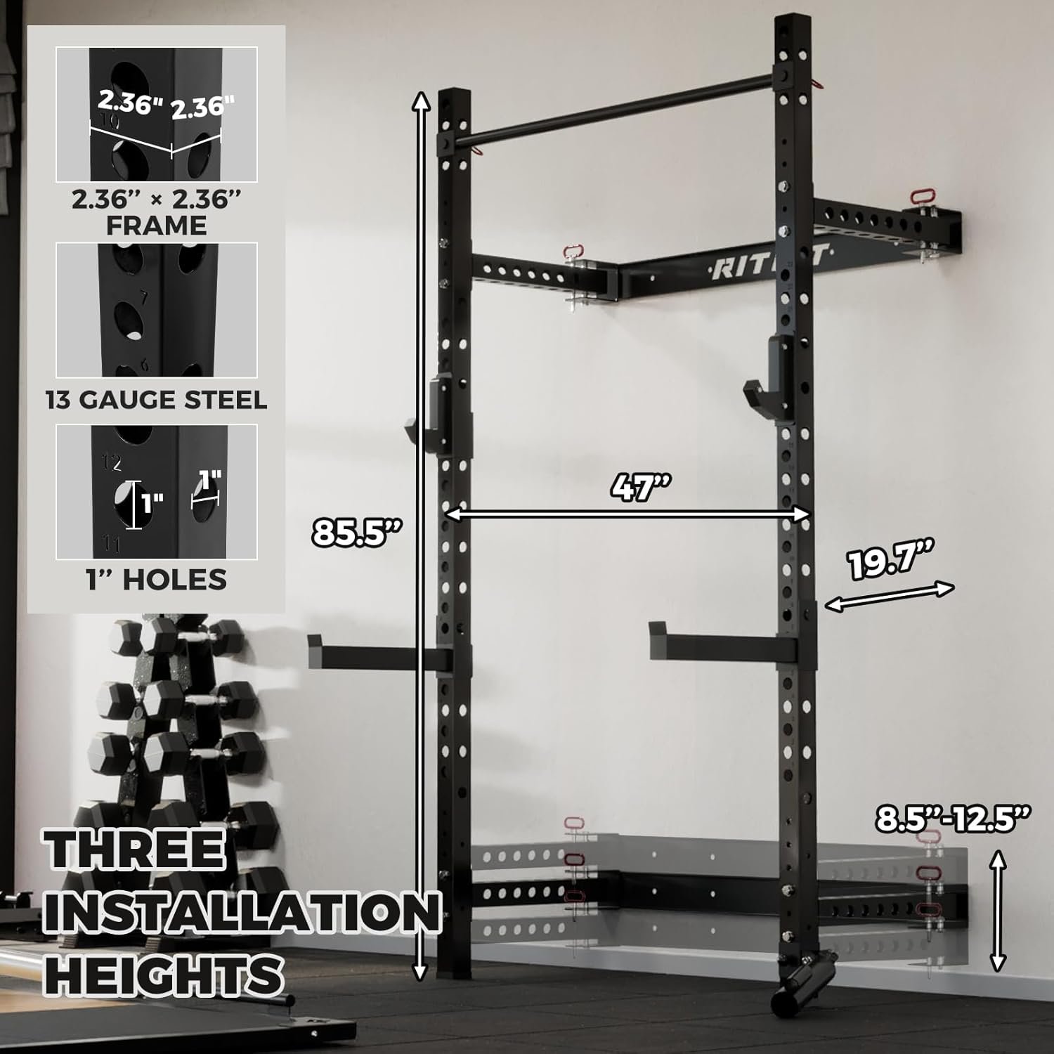 RitFit Multi-Functional Folding Squat Rack for Home Gym, 2.36'' x 2.36'' Wall Mounted Squat Rack - Image 4