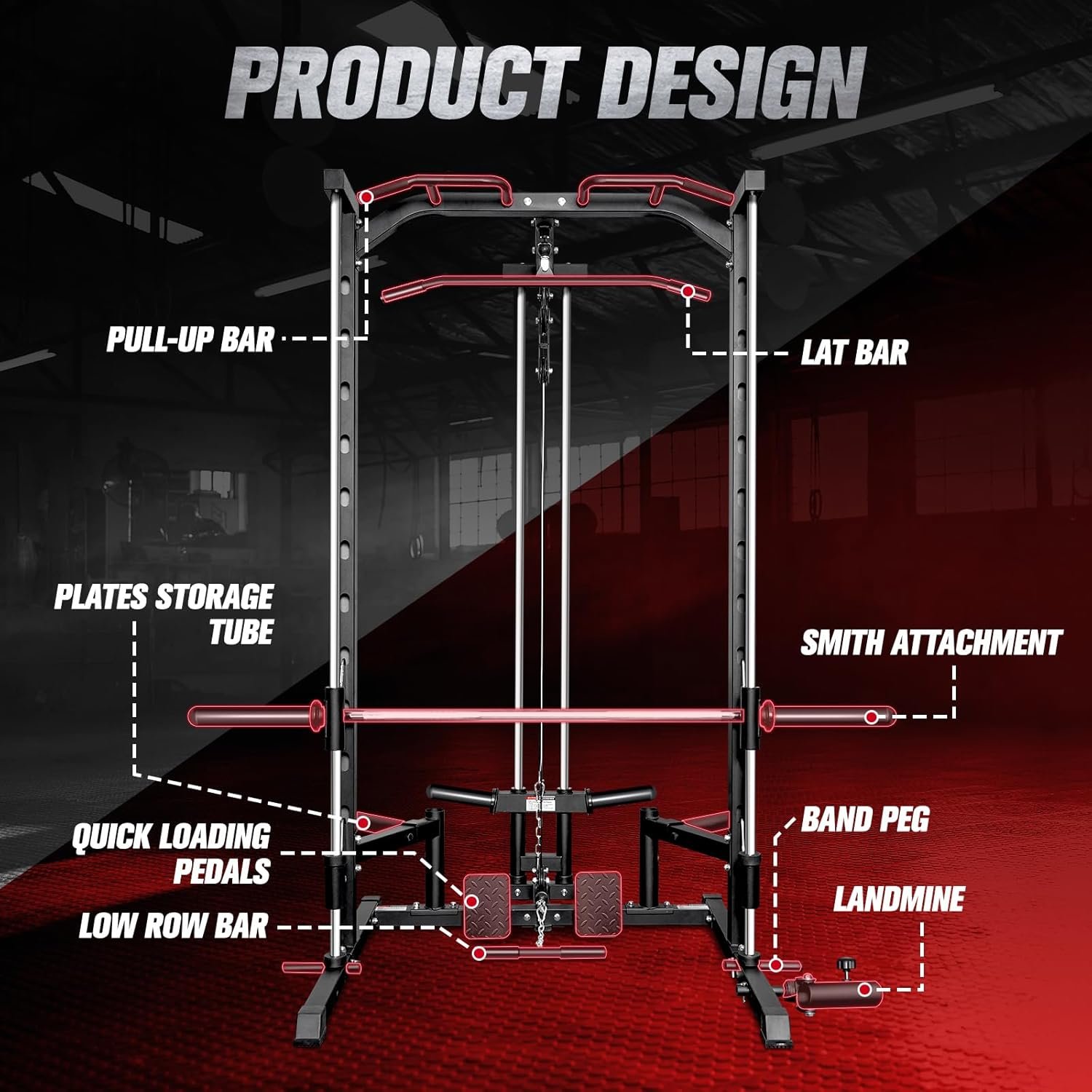 RitFit Smith Machine Power Rack with LAT-Pull Down System, Landmine, Barbell Bar, Plate Storage Pegs - Image 7