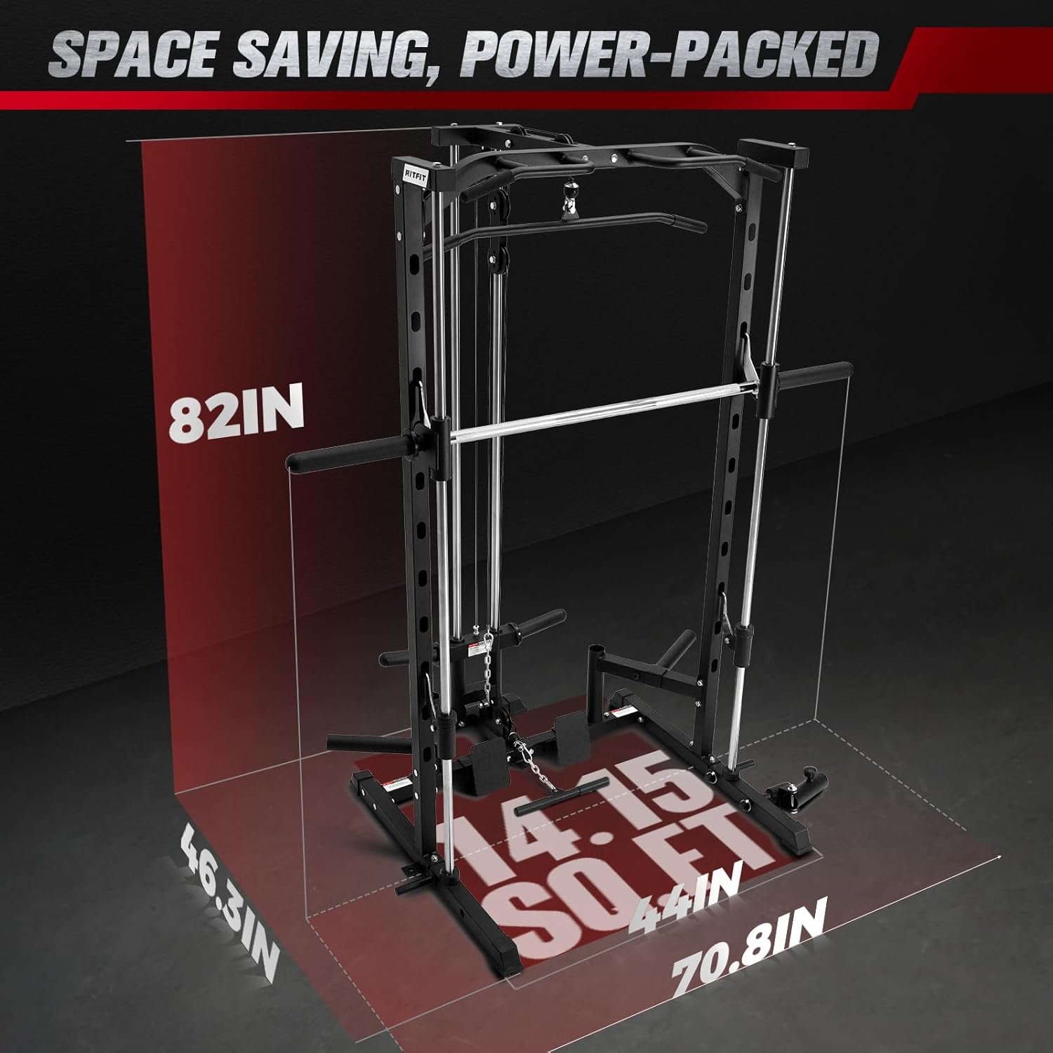 RitFit Smith Machine Power Rack with LAT-Pull Down System, Landmine, Barbell Bar, Plate Storage Pegs - Image 6