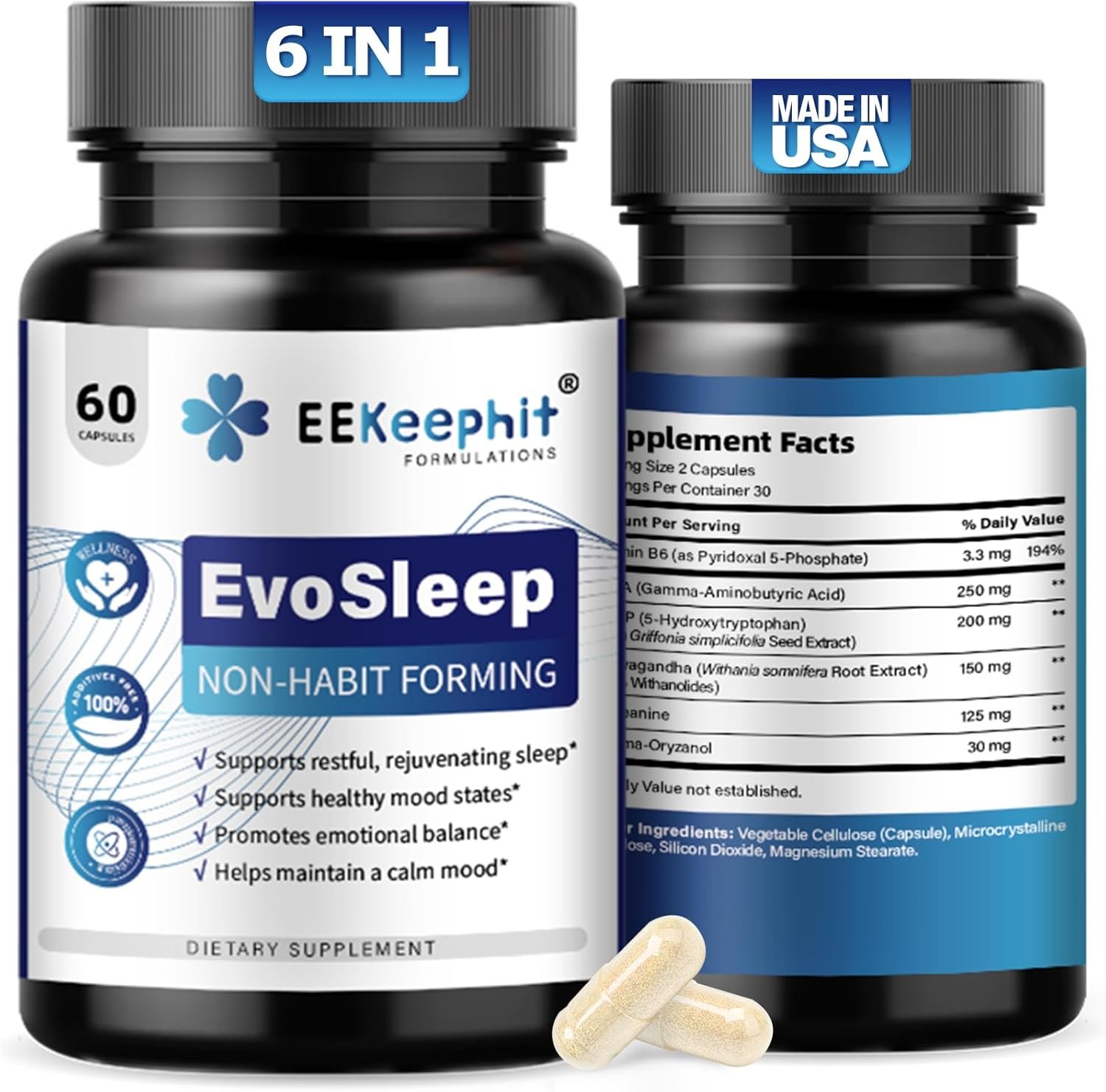 6 in 1 Melatonin-Free Sleep Aid Sleep Complex with Ashwagandha, GABA, L-Theanine & 5-HTP, VIT - Image 2