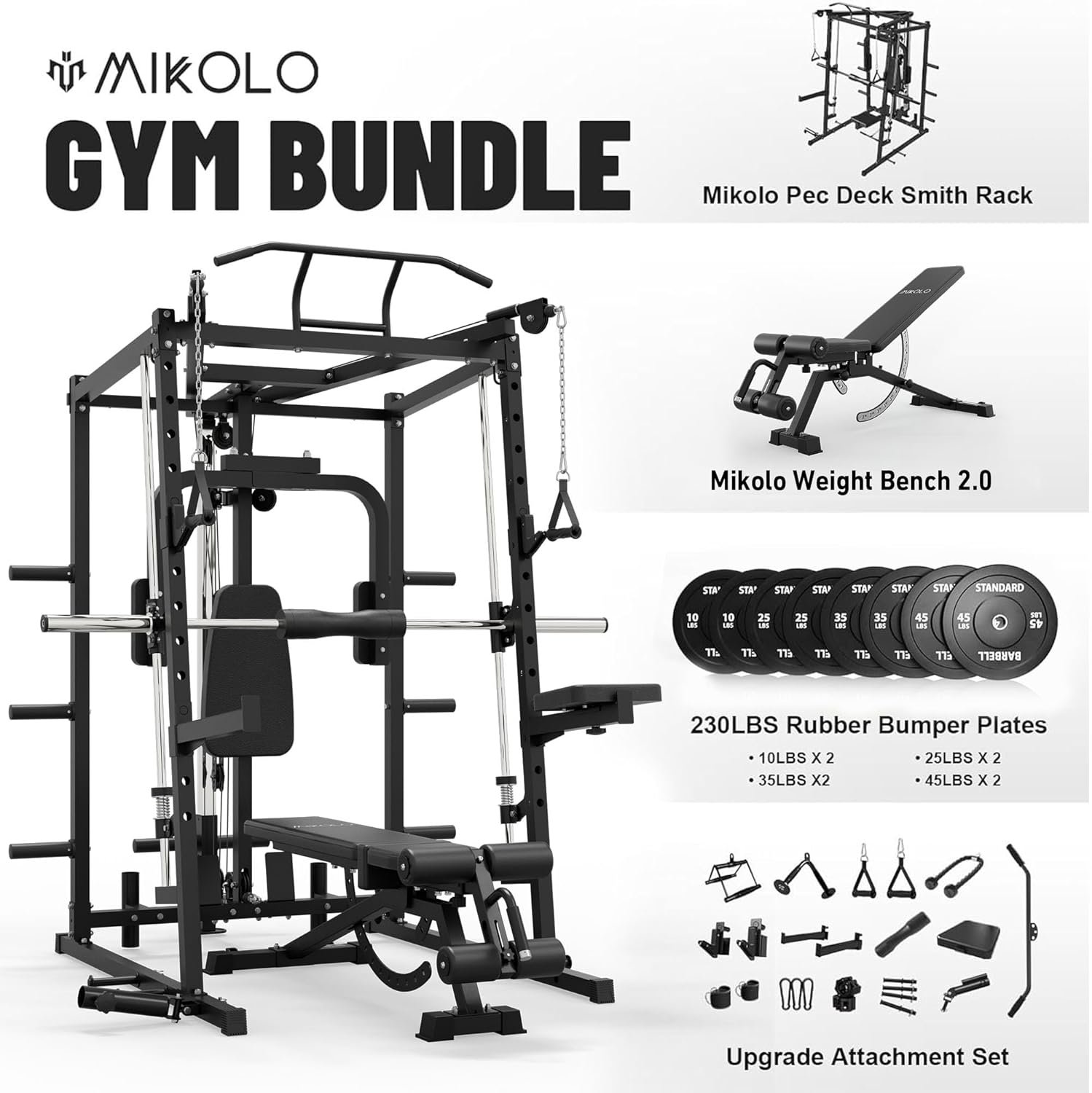Mikolo All-in-One Smith Machine Home Gym with 230lbs Weight Plates, Power Cage with Cable Crossover, - Image 3