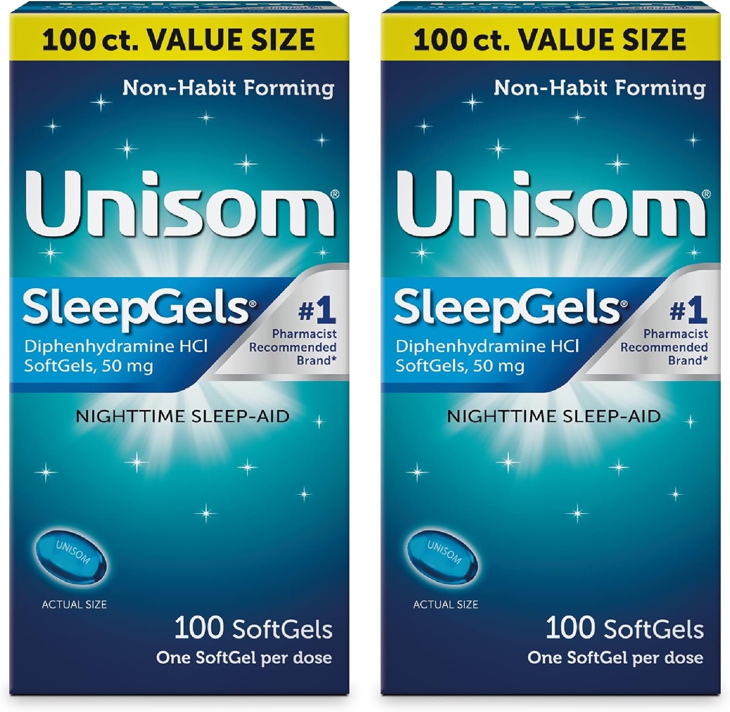 Unisom Nighttime Sleep-Aid Gels, Diphenhydramine HCI 50mg, 100 Count, 2 pk - Image 2