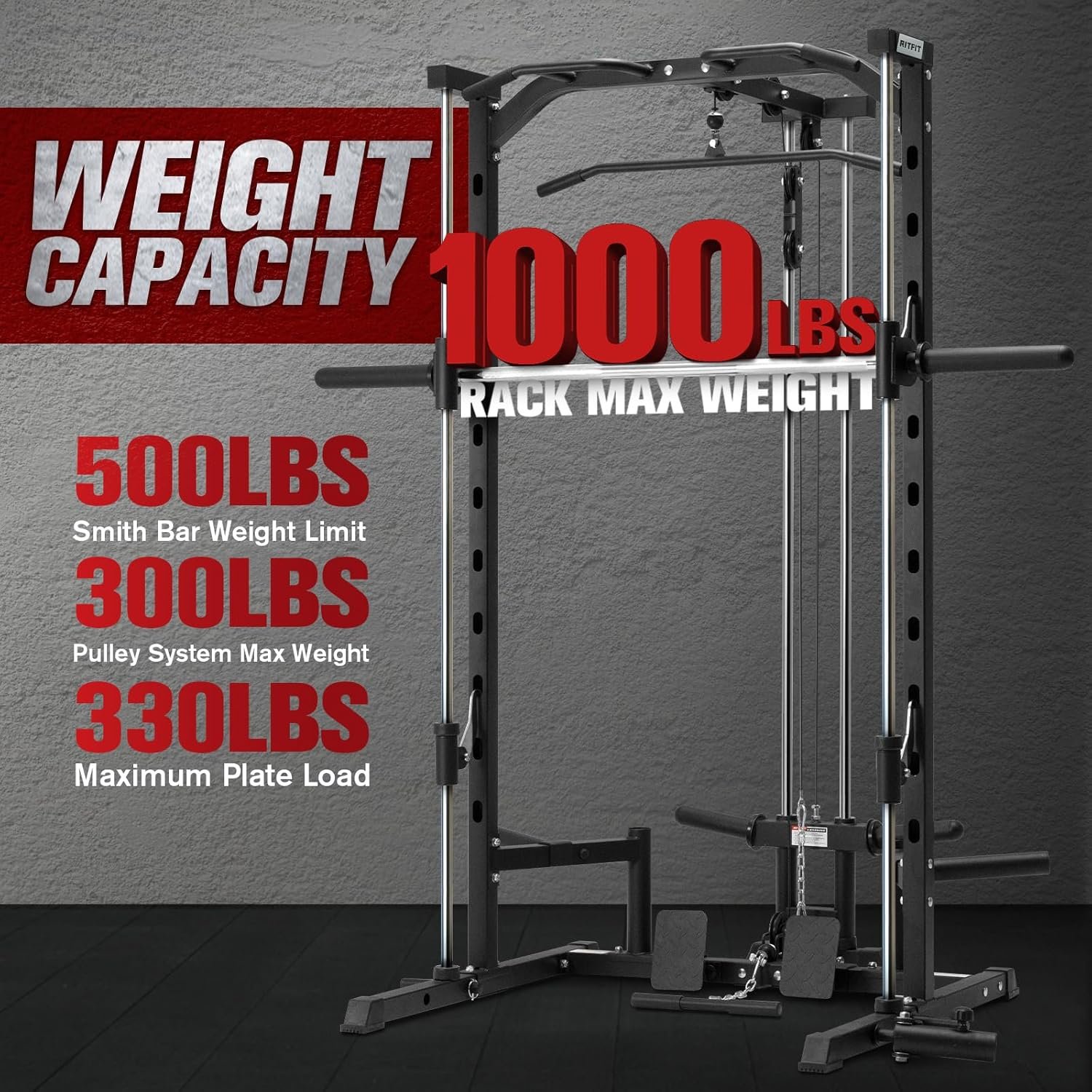 RitFit Smith Machine Power Rack with LAT-Pull Down System, Landmine, Barbell Bar, Plate Storage Pegs - Image 5