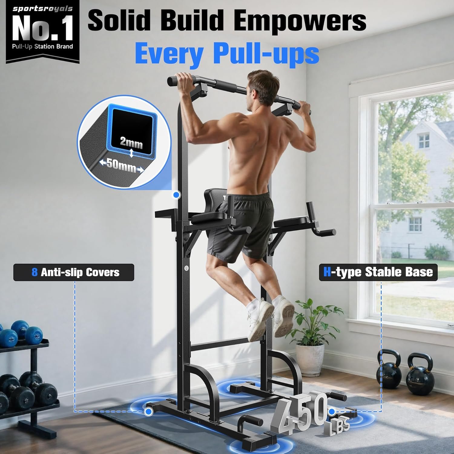 Sportsroyals Power Tower Pull Up Bar Station, 450LBS Stable Pull Up Dip Station for Home Gym - Image 3