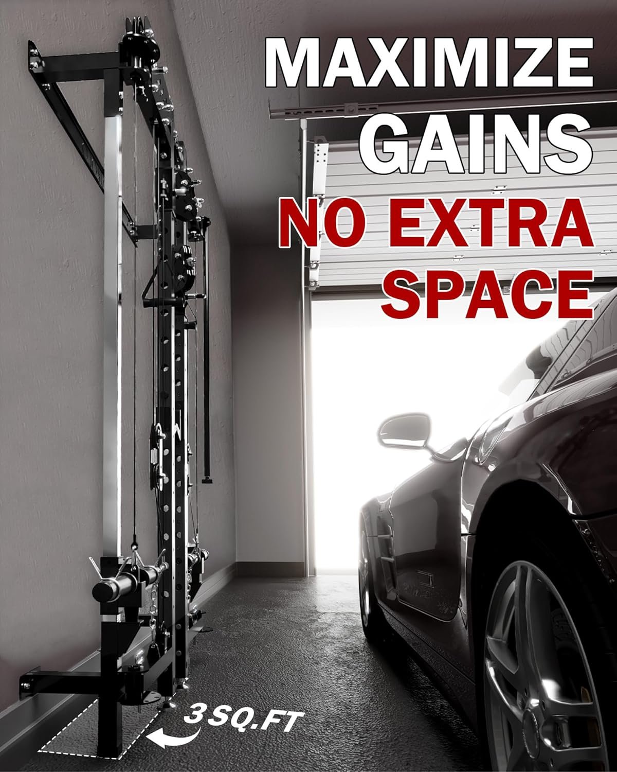 Mikolo Folding Squat Rack, Wall Mounted Power Rack with Cable Crossover Machine & LAT Pull Down, - Image 3