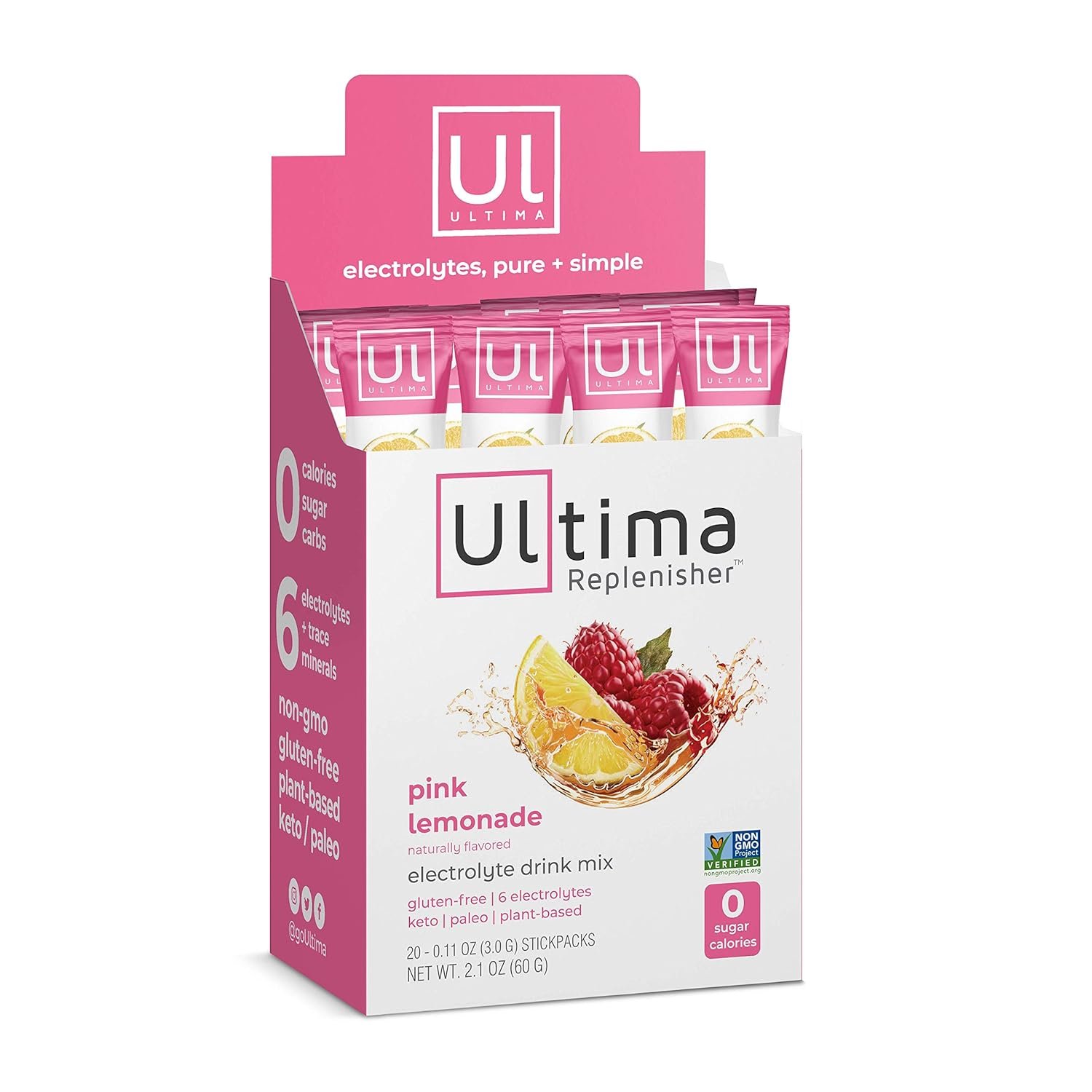 Ultima Replenisher Electrolyte Hydration Drink Mix, Pink Lemonade, 20 Serving Stickpack Box - Sugar - Image 2