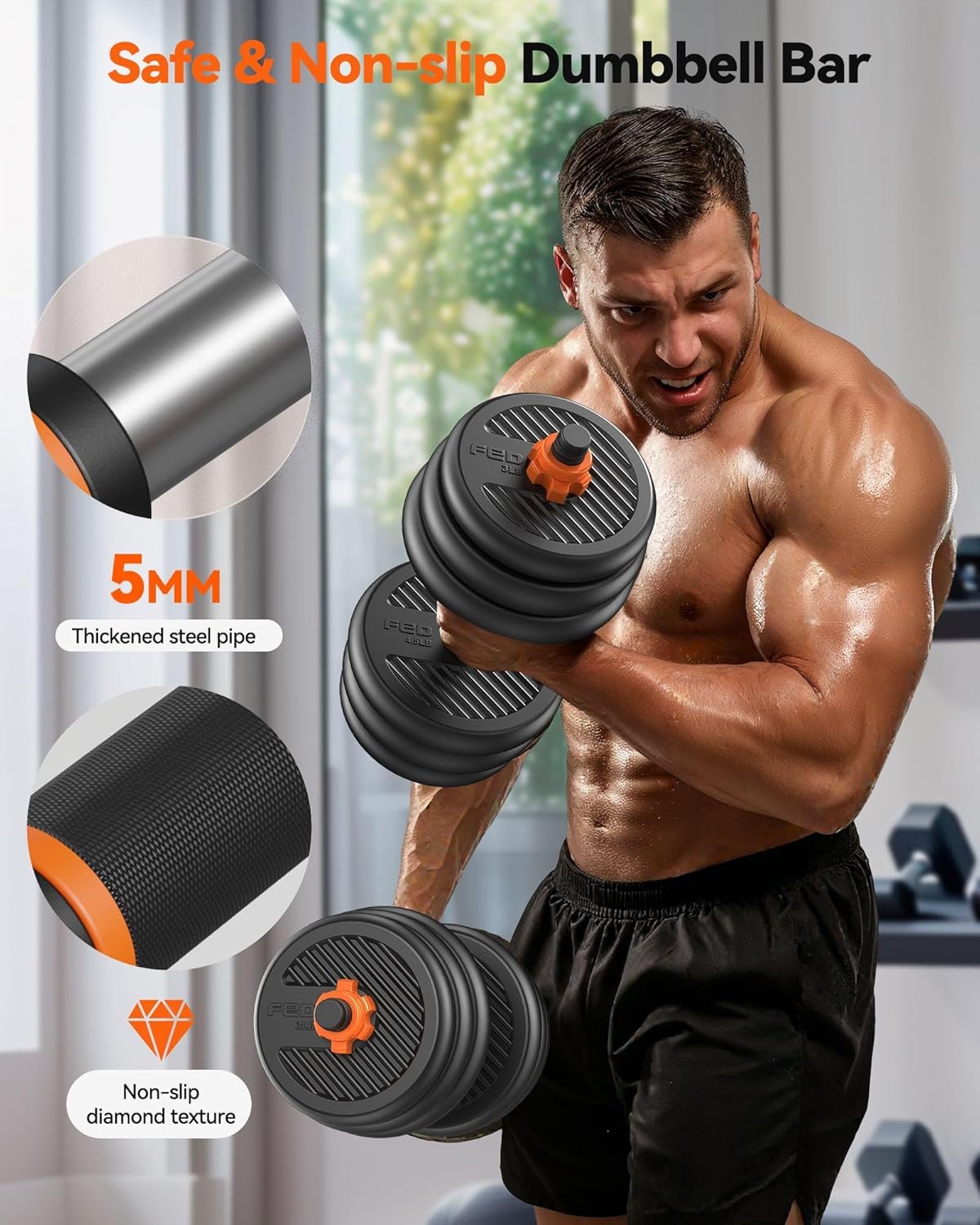 FEIERDUN Adjustable Dumbbells, 20/30/40/45/70/90lbs Free Weight Set with Connector, 5 in1 Dumbbells - Image 6