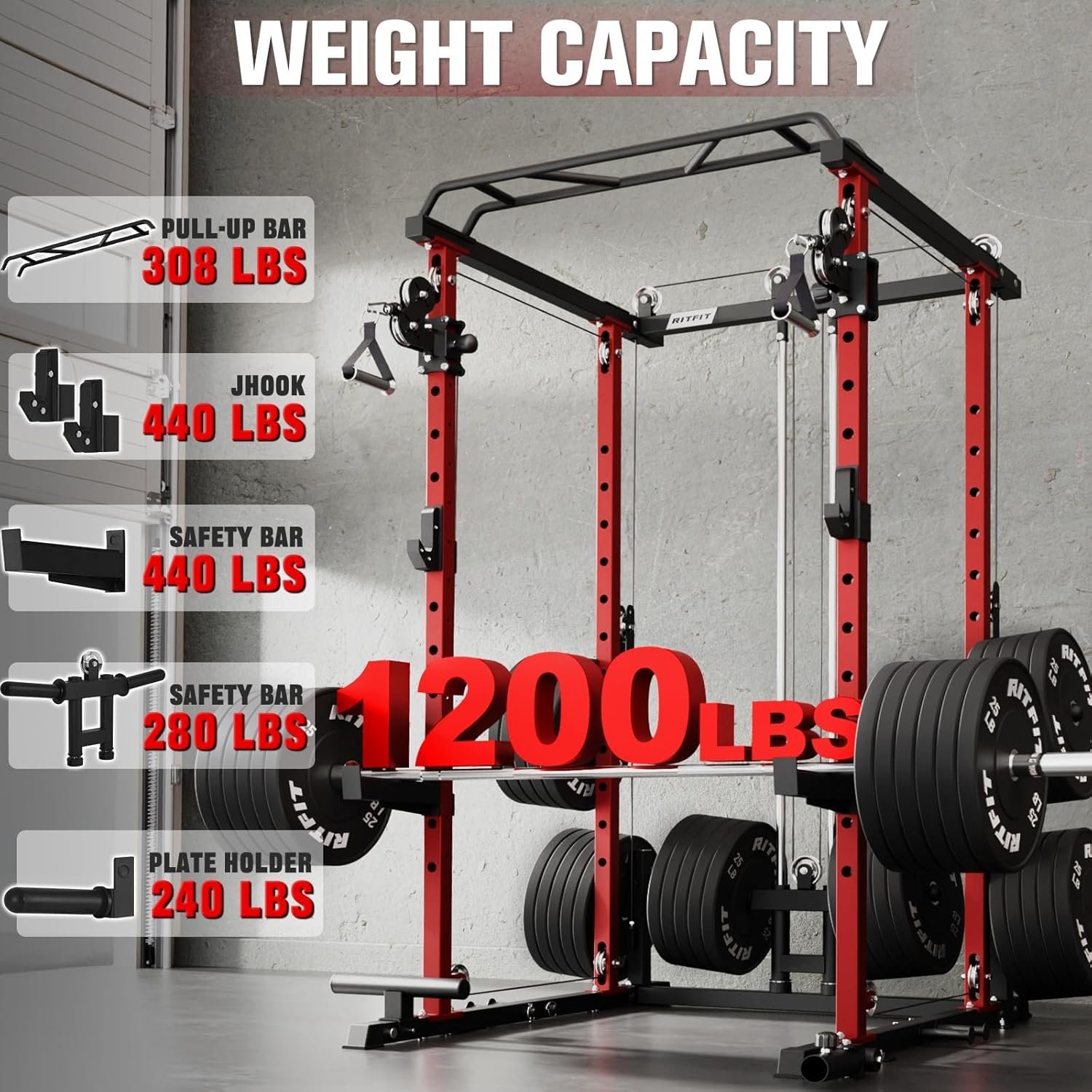 RitFit Upgraded PPC-P3 Power Cage, 3-in-1 Home Gym with Aluminum Pulley System, 1200LBS Capacity, - Image 4