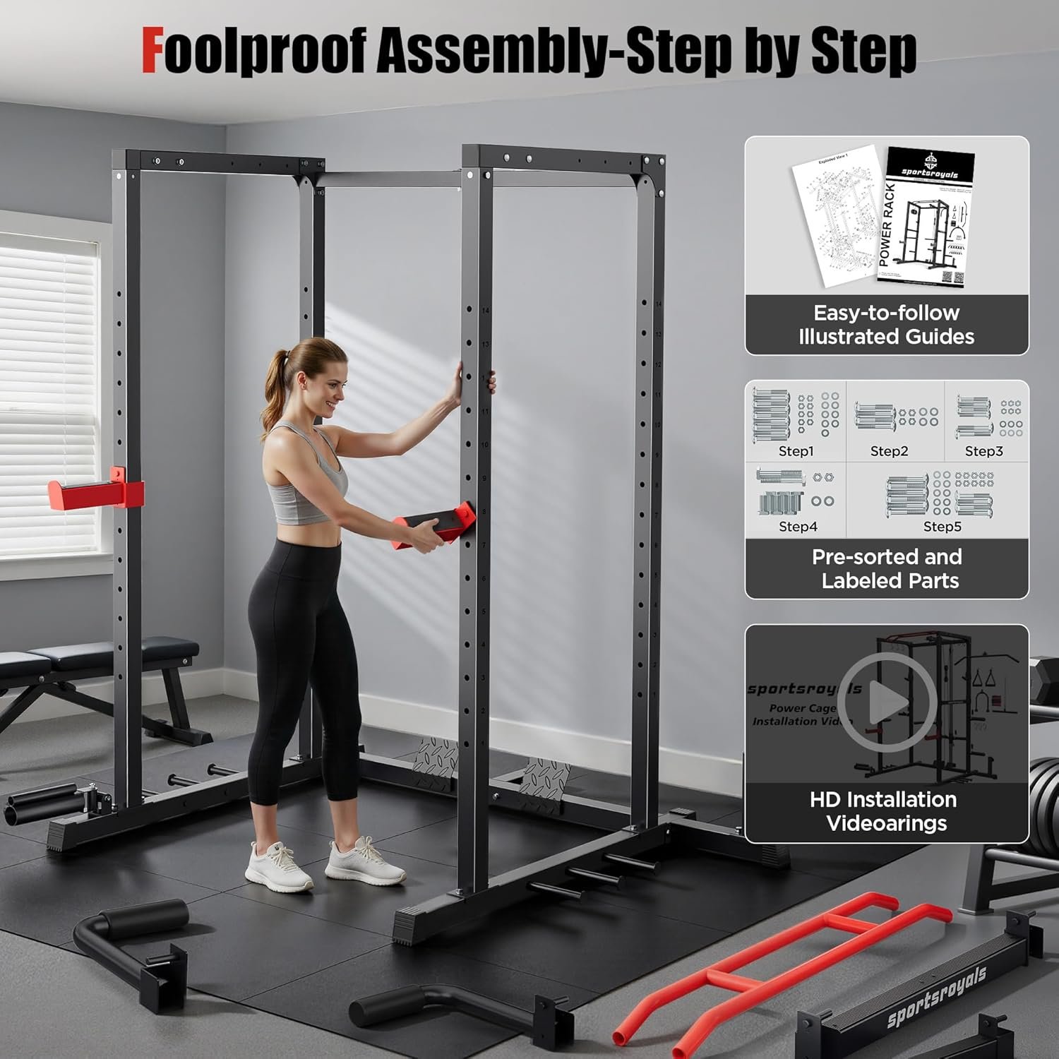 Sportsroyals Power Cage,1600lbs Multi-Function Power Rack with Adjustable Cable Crossover System and - Image 8
