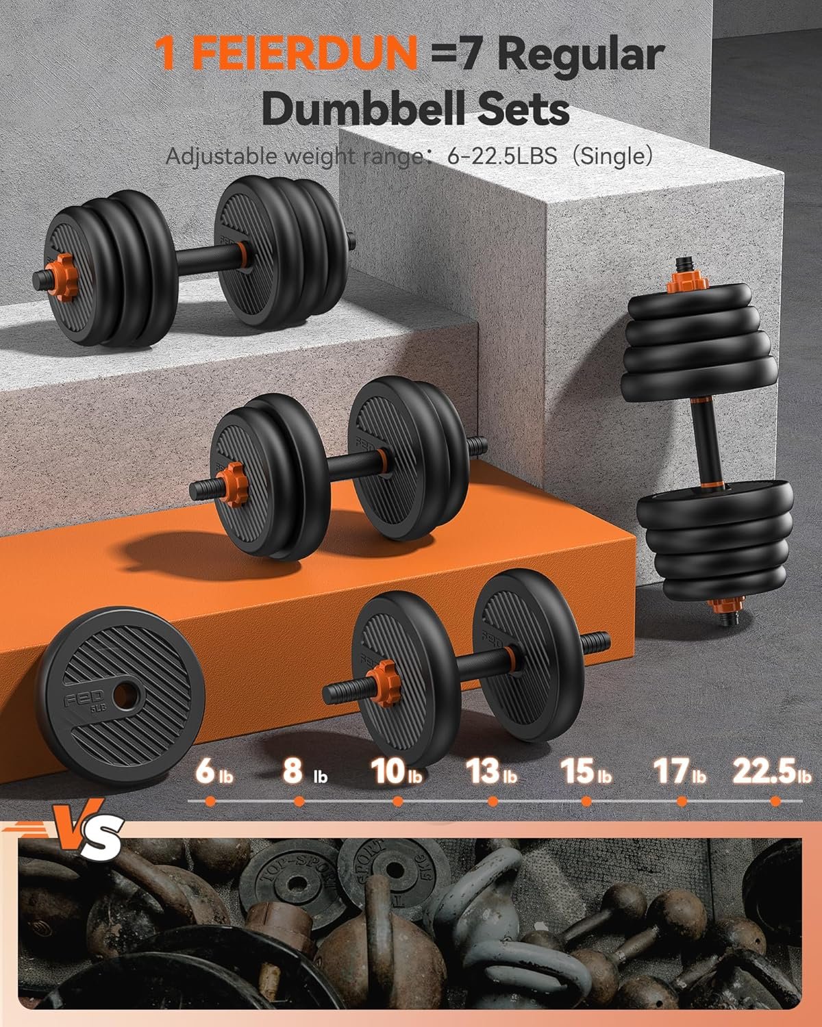 FEIERDUN Adjustable Dumbbells, 20/30/40/45/70/90lbs Free Weight Set with Connector, 5 in1 Dumbbells - Image 4