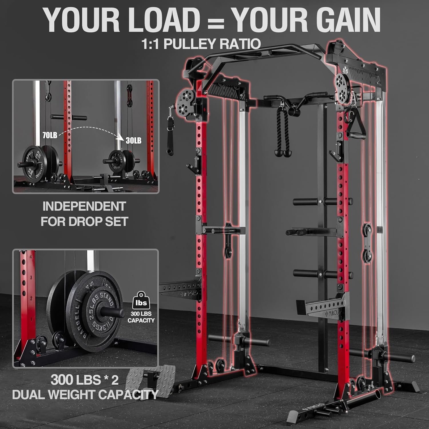 Mikolo Power Cage, 2000LB Power Rack with Independent Dual Pulley System, Multi-Function Home Gym - Image 4